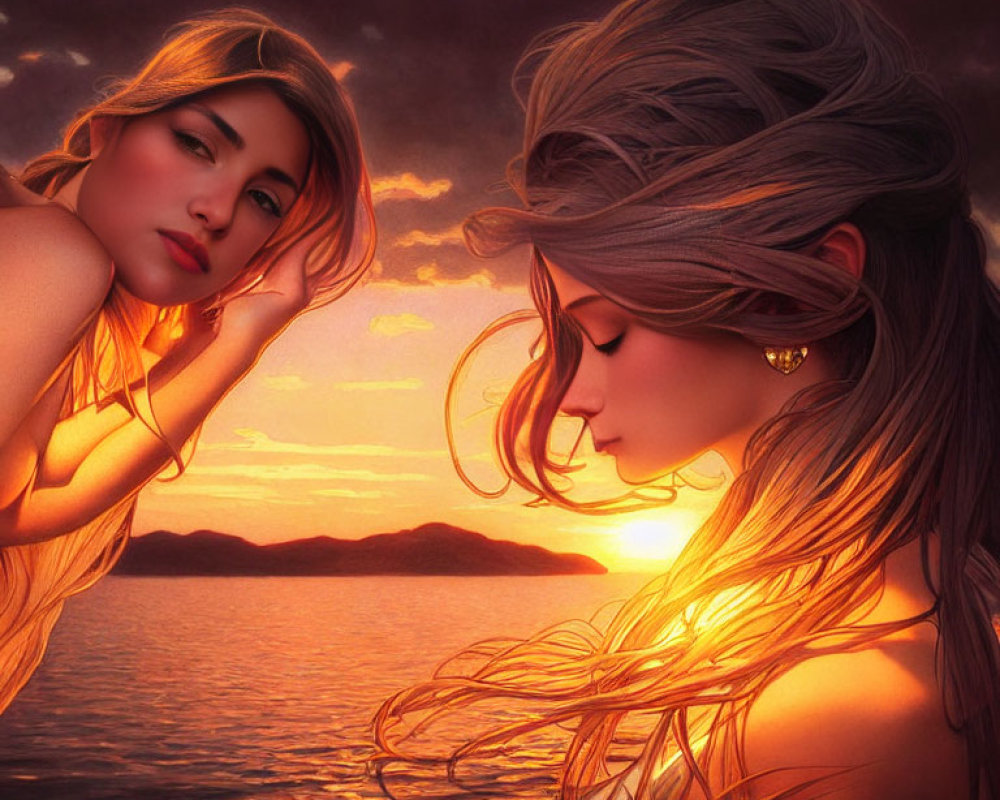 Women with flowing hair by sunset-lit sea, one facing viewer, other looking down.