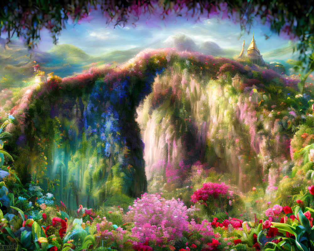 Enchanting landscape with waterfalls, castle, lush flora, and magical aura