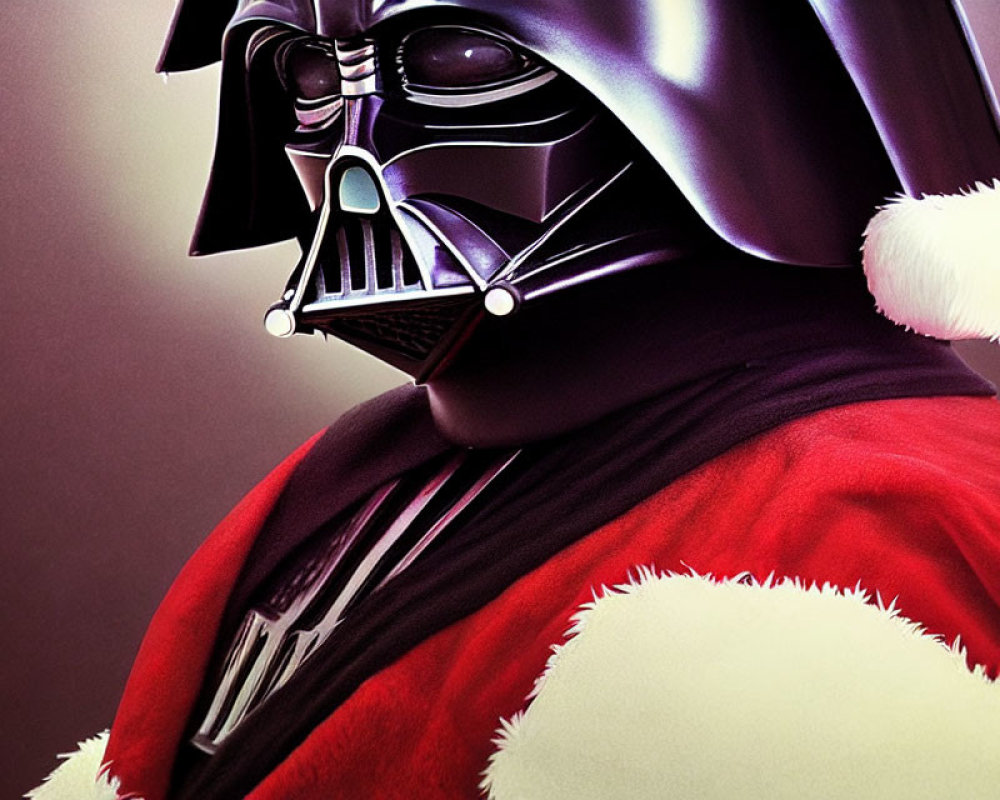 Person in Darth Vader costume with Santa hat on festive background