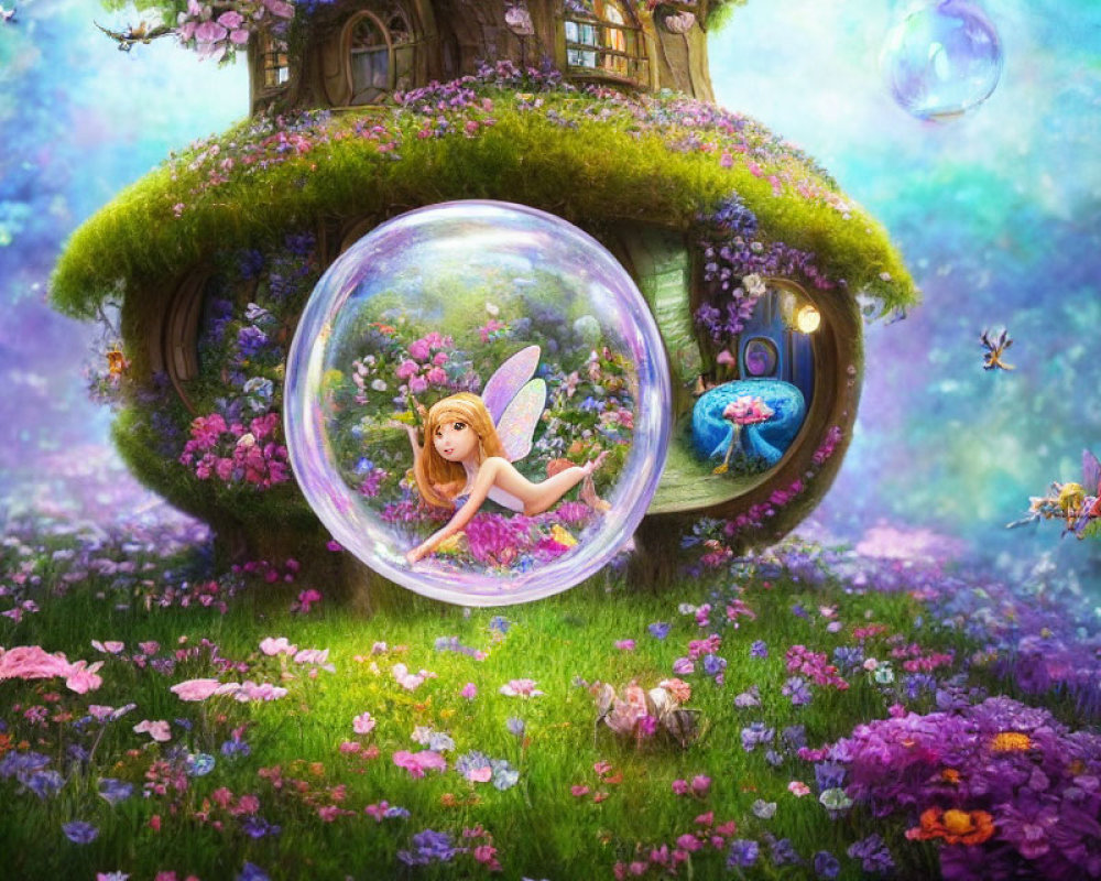 Translucent-winged fairy in bubble by treehouse in vibrant meadow