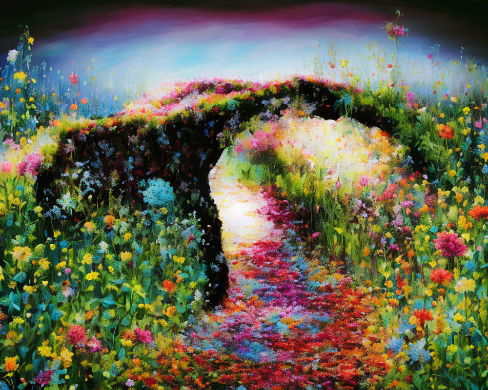 Colorful Garden Path Painting with Lush Flowers and Floral Archway