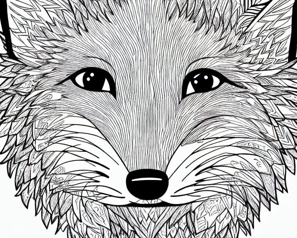 Detailed Black and White Fox Face Illustration with Floral Motifs