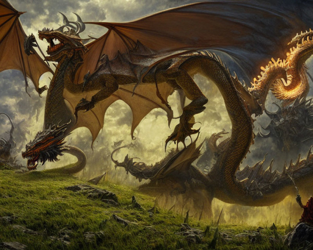 Majestic multi-headed dragon with expansive wings on rocky terrain