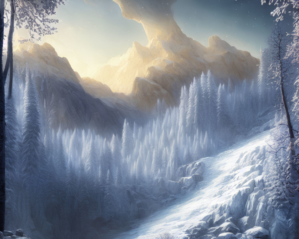 Snowy forest path towards sunlit mountains under starry sky