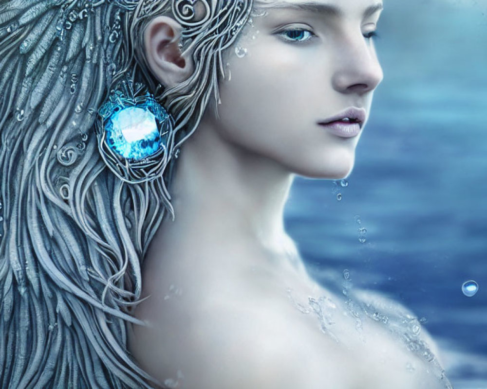 Ethereal being with silver hair and blue jewel earring submerged in water