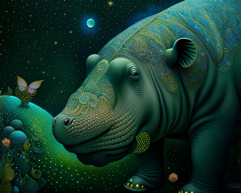 Detailed illustration of a colorful hippopotamus in a starry night setting