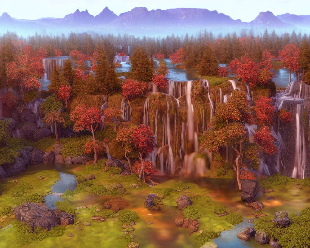 Scenic landscape with waterfalls, autumn foliage, rivers, and misty mountains