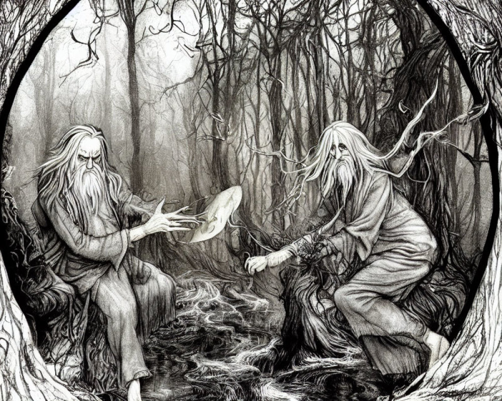 Elderly figures with long beards in mystical forest setting performing magical ritual.
