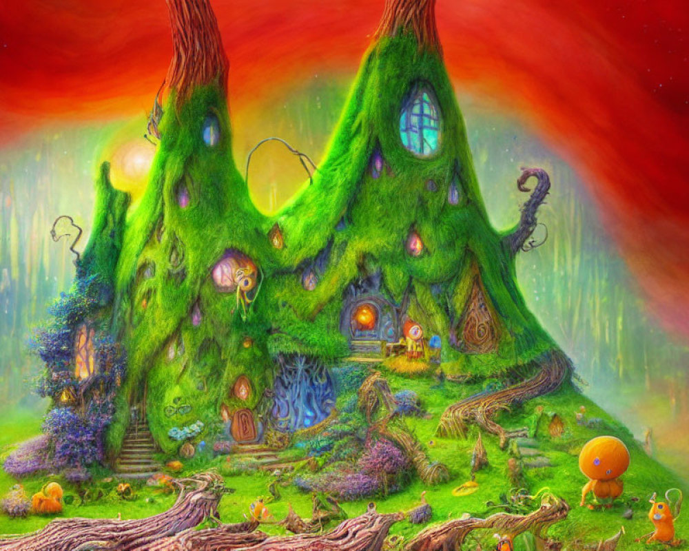 Vibrant Fantasy Landscape with Tree Houses and Whimsical Creatures