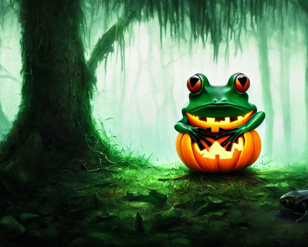 Whimsical frog on jack-o'-lantern pumpkin in eerie forest