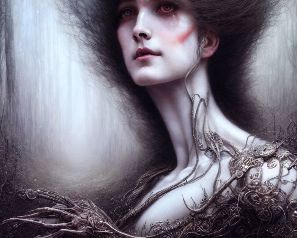 Gothic fantasy portrait of a woman in metallic armor with mystical forest backdrop