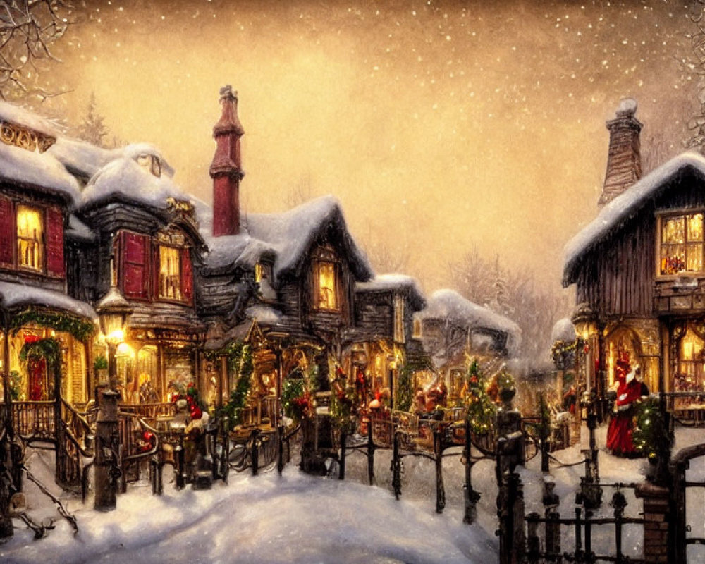 Snowy Christmas Street Scene with Festive Decorations and Santa Figure