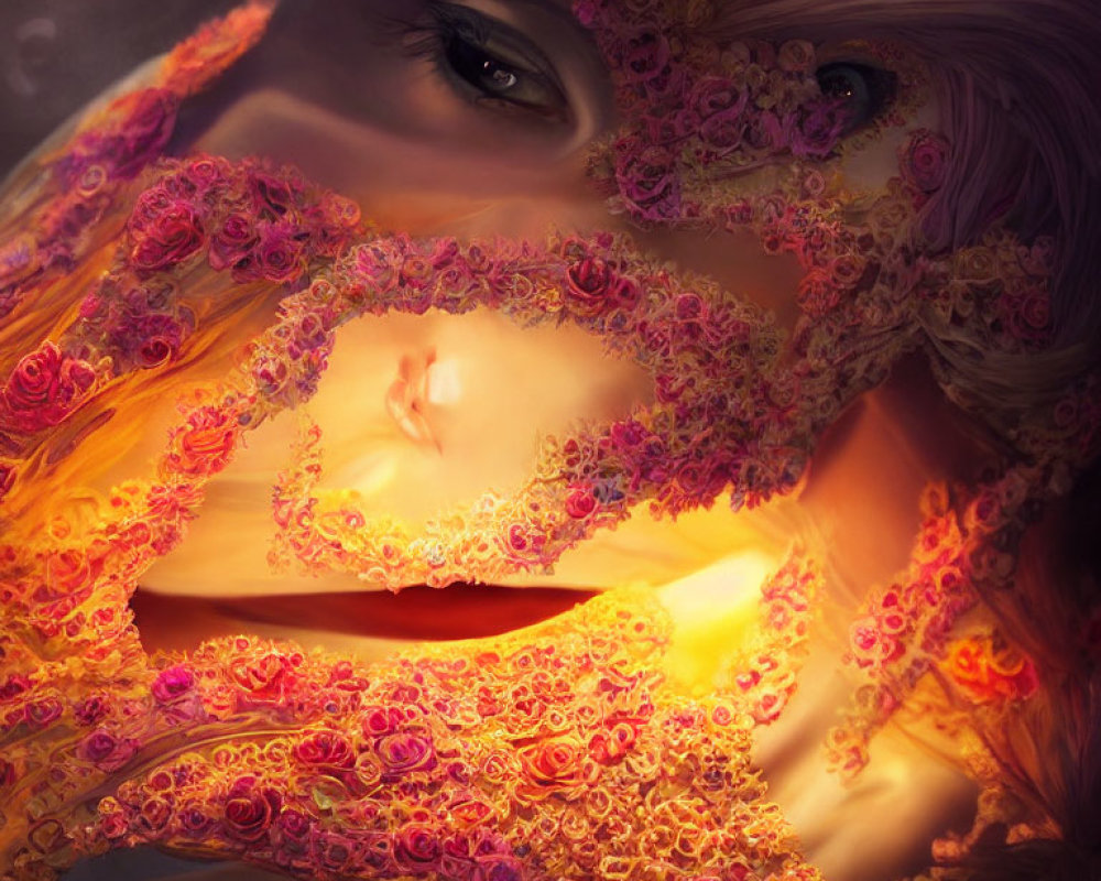 Digital artwork: Woman's face with fiery flowers morphing into surreal mask