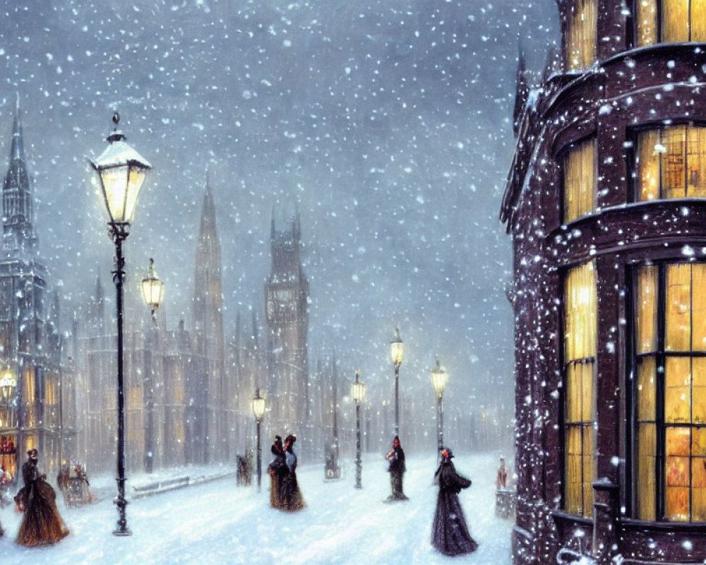 Victorian-themed snowy evening street scene with people and lit lampposts