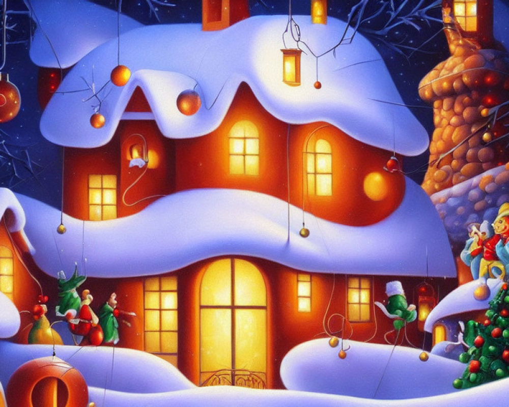 Snow-covered Christmas house with festive characters in whimsical illustration