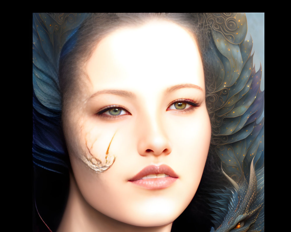 Woman with heterochromia and blue feathers beside a dragon-like creature