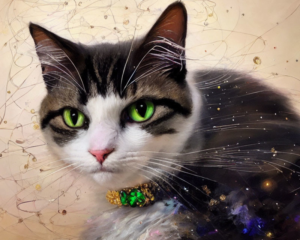 Whimsical cat with green eyes and bow on glowing background