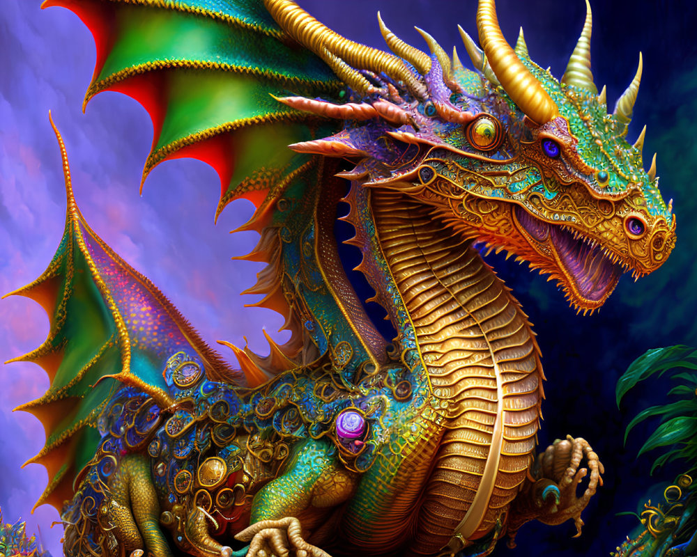 Detailed colorful dragon illustration with intricate scales and large wings