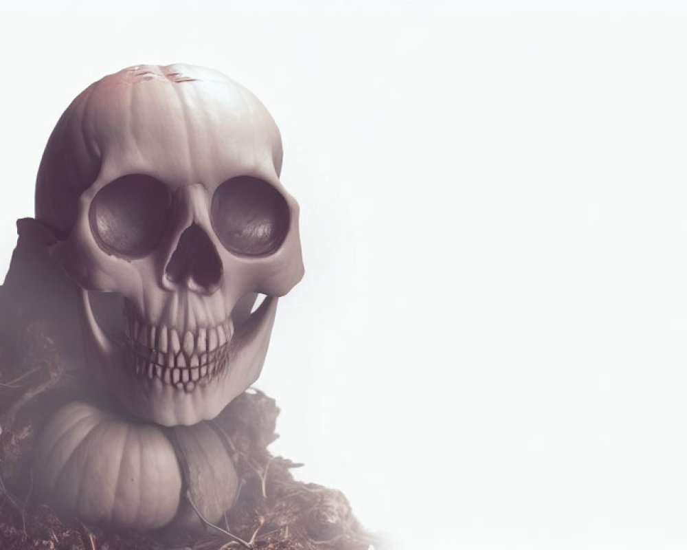 Skull with eerie smile on leaves with pumpkin in soft light