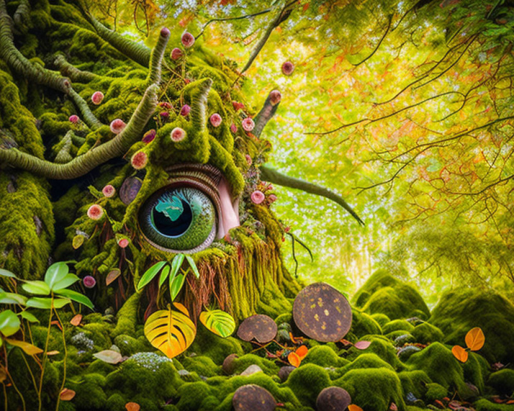 Forest scene with whimsical tree trunk face and blue eye