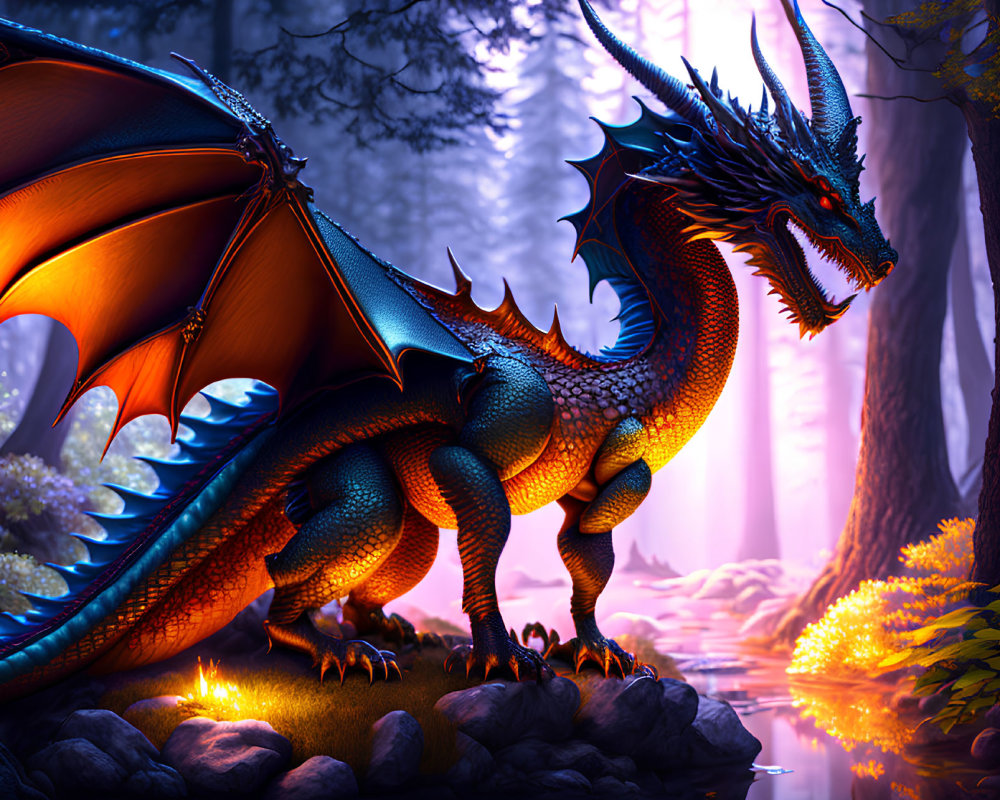 Orange-Winged Dragon in Mystical Forest with Blue Scales