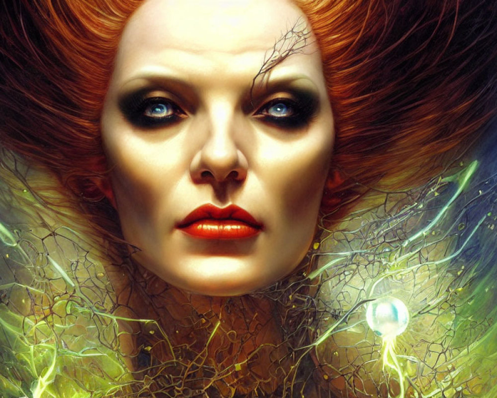 Portrait of a woman with fiery red hair and tree-like skin patterns