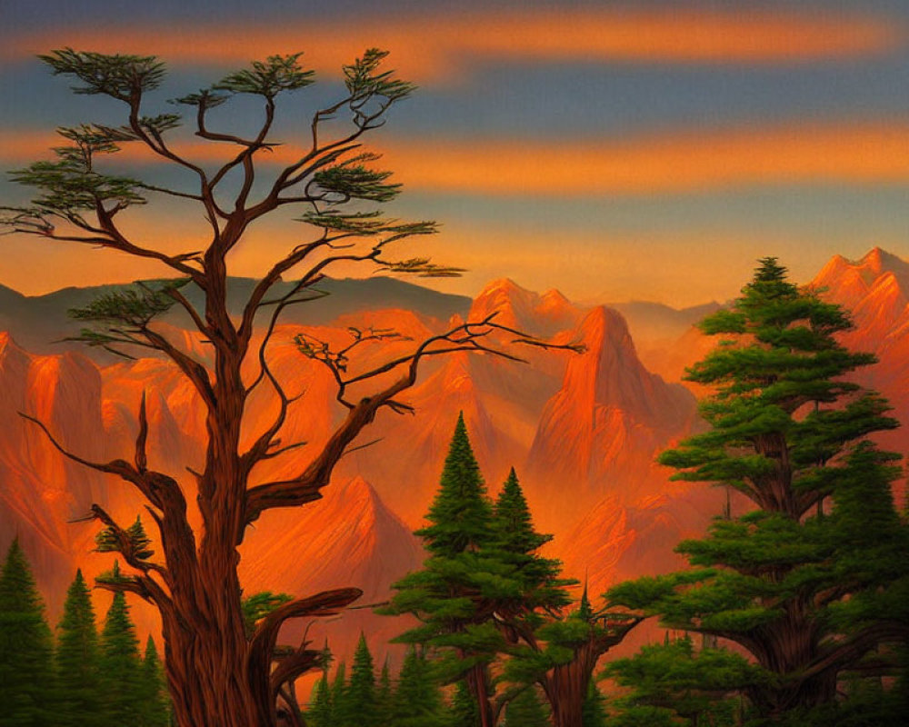 Orange Mountain Peaks Landscape with Evergreen Trees