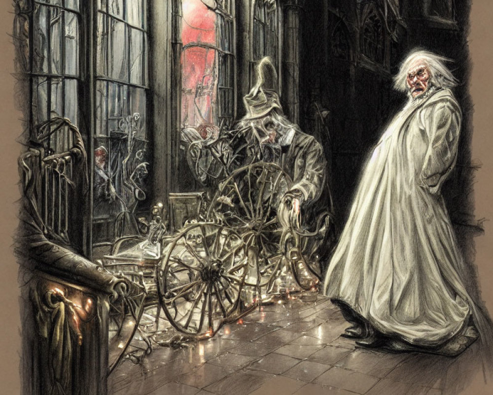 Illustration of two characters in dimly lit, gothic-style room spinning yarn.