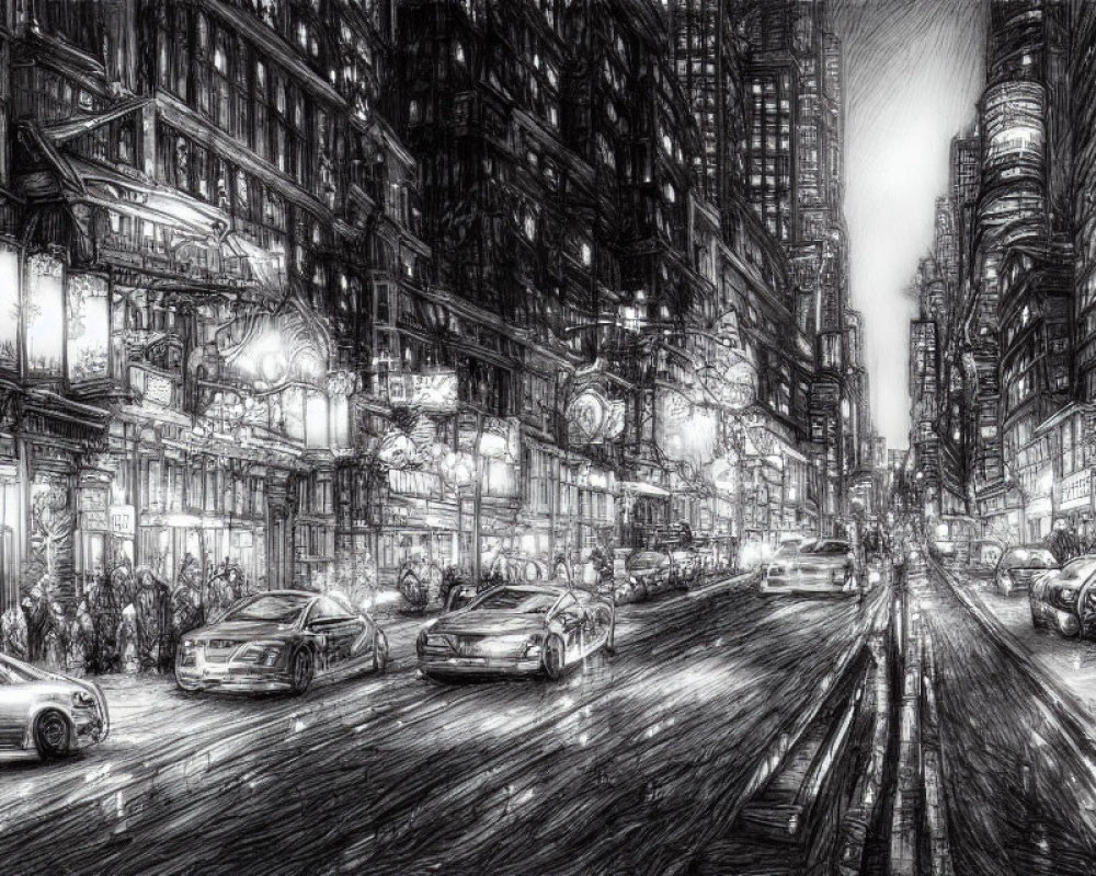 Monochrome city street scene at night with cars and pedestrians