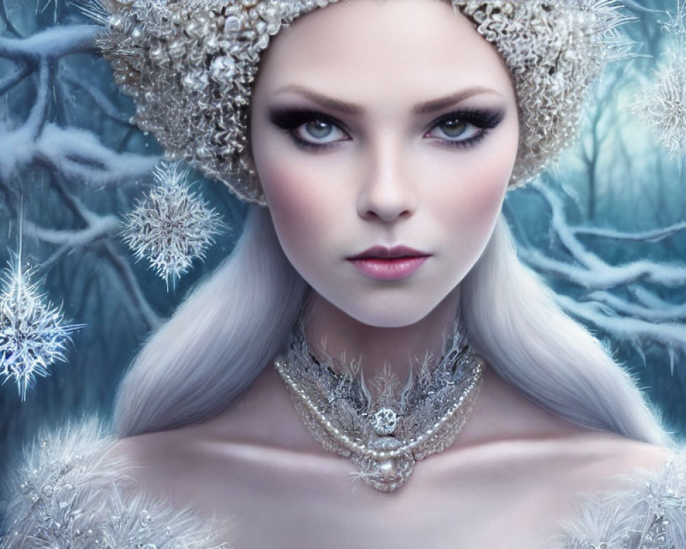 Woman with Blue Eyes in Crystal Headpiece on Snowflake Backdrop