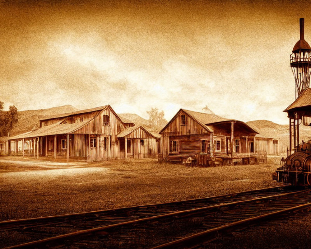 Vintage western train station with wooden buildings and locomotive.