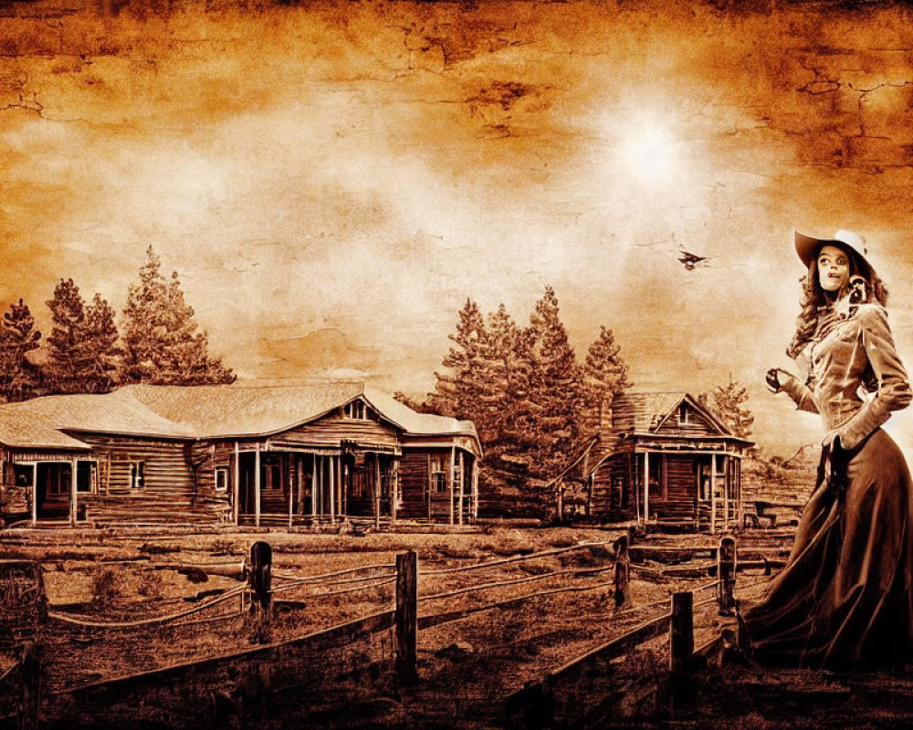 Cowboy-hat woman near wooden cabins in sepia-toned western scene
