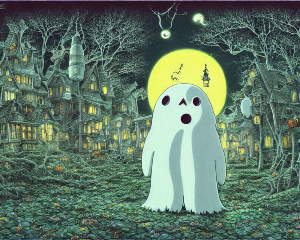 Spooky ghost figure in eerie village under full moon