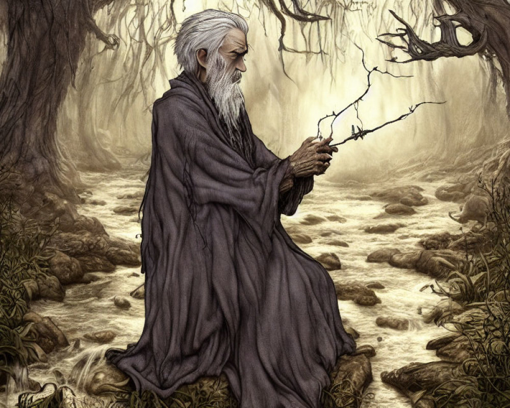 Elderly wizard with white beard in misty forest with staff and stream