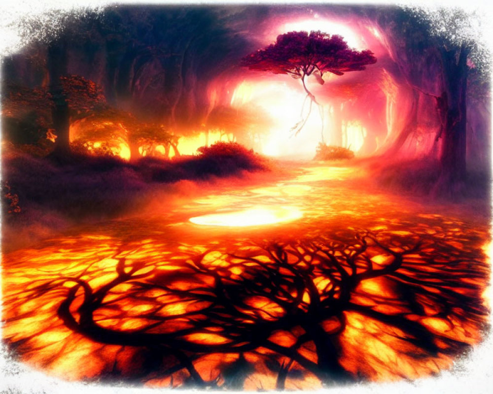 Fantasy forest with fiery ground, shadowy branches, and purple-pink lighting