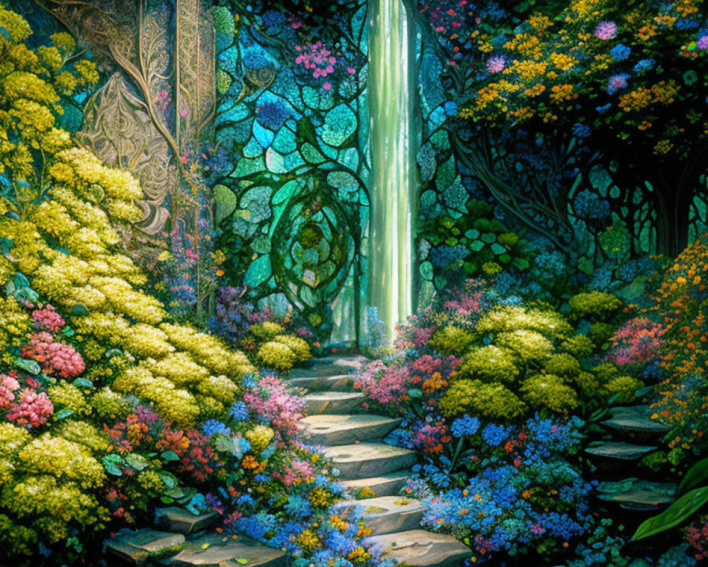 Enchanting forest path with colorful flowers, waterfall, and illuminated archway