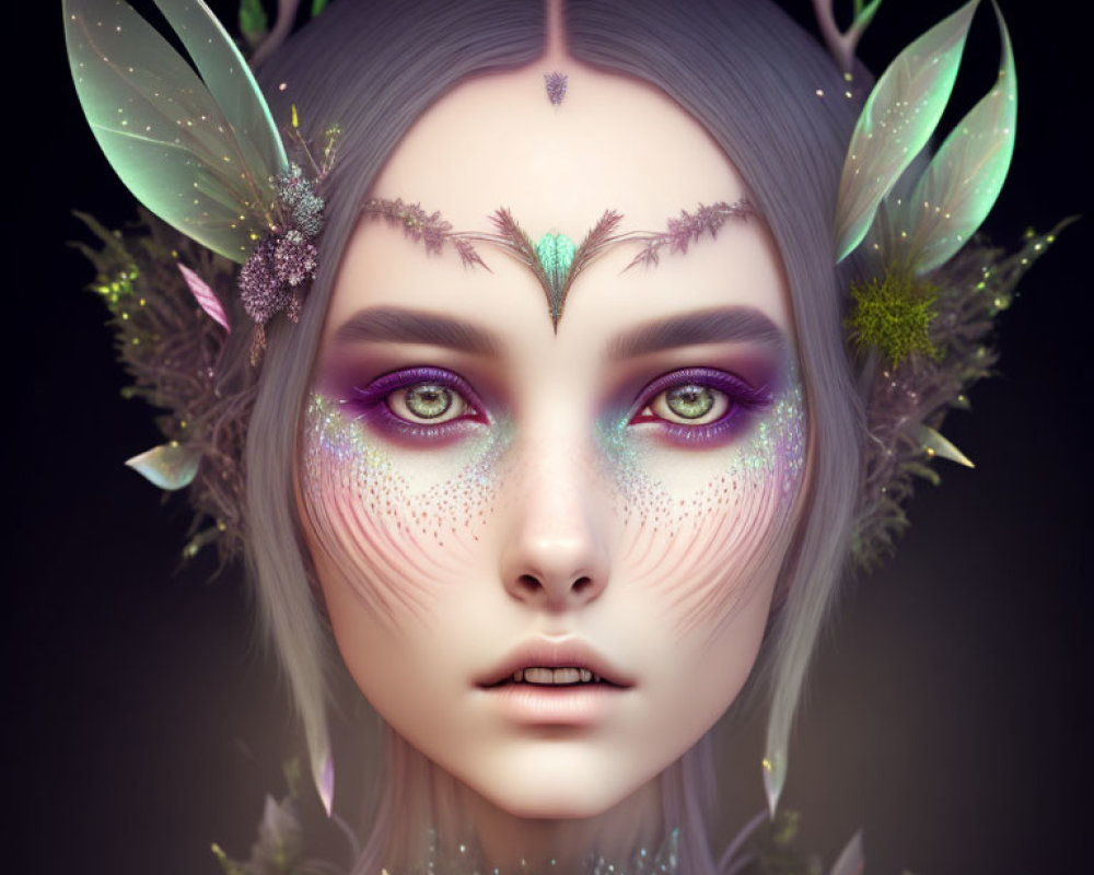 Fantasy character digital artwork with pointed ears and purple eyes