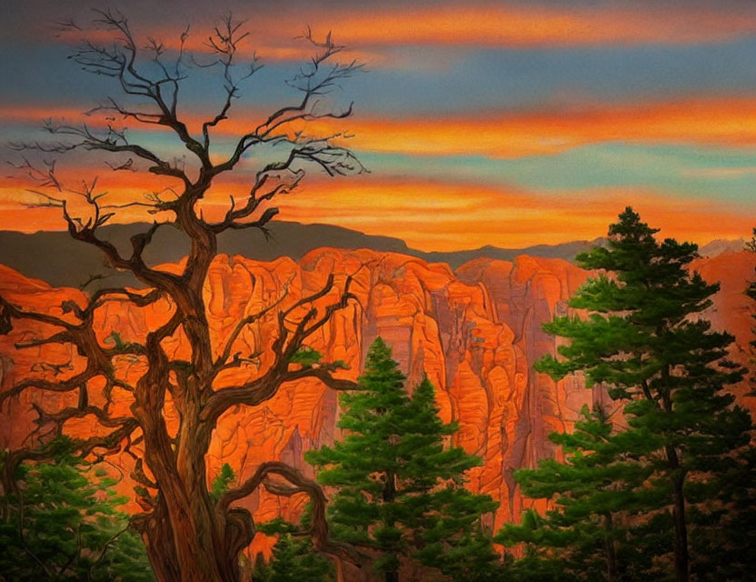 Vivid orange and red sunset over rugged canyon with silhouettes of trees