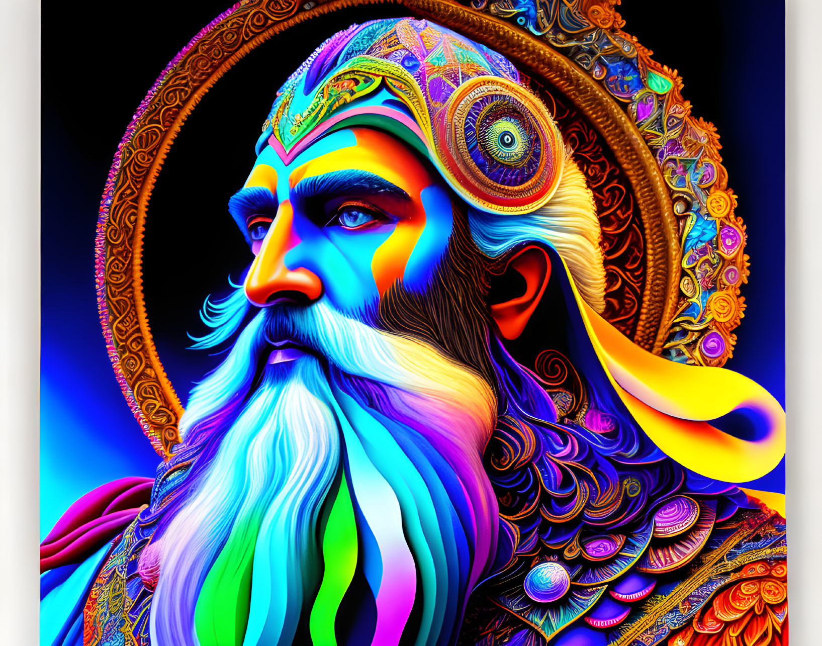 Vibrant psychedelic digital art of bearded male figure in blue, orange, and purple.