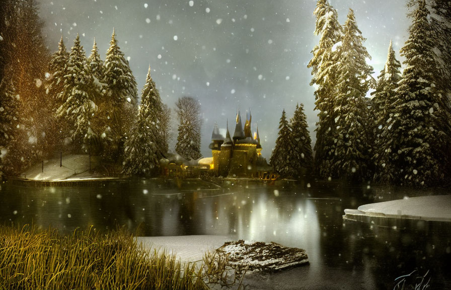 Snowy Winter Landscape with Evergreen Trees, Frozen Lake, and Lit Castle