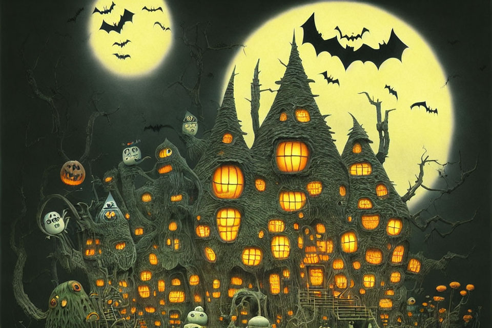 Spooky Halloween-themed house with jack-o'-lanterns, full moon, bats, and ghost