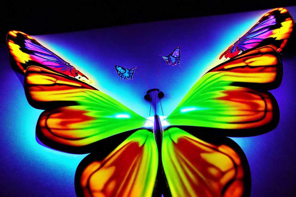 Colorful Butterfly Projection on Wall with Dominant Green and Orange Butterfly