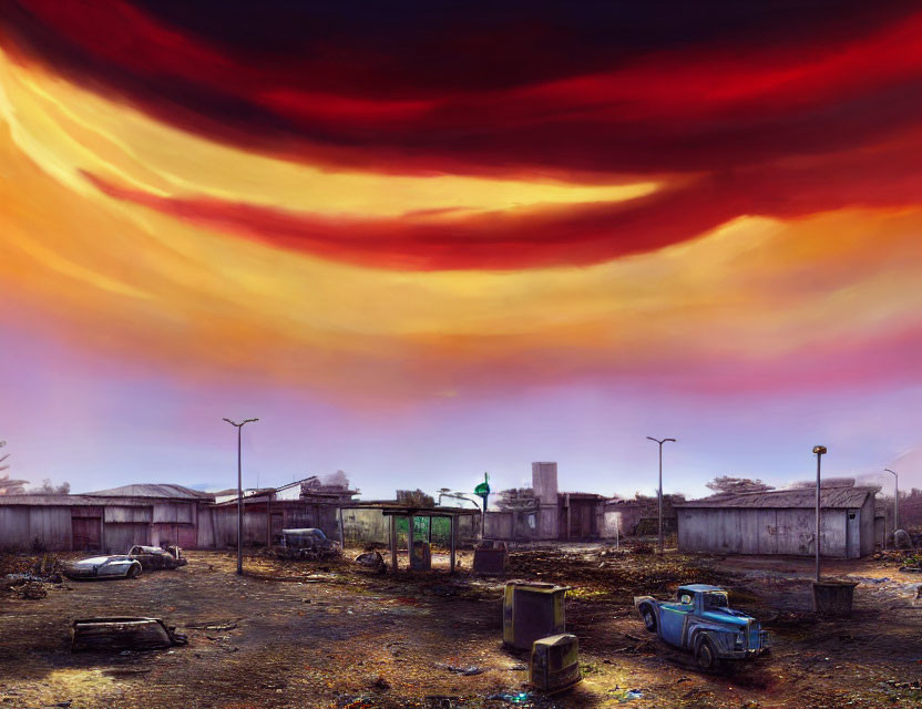 Abandoned cars and buildings in desolate landscape with dramatic orange sky