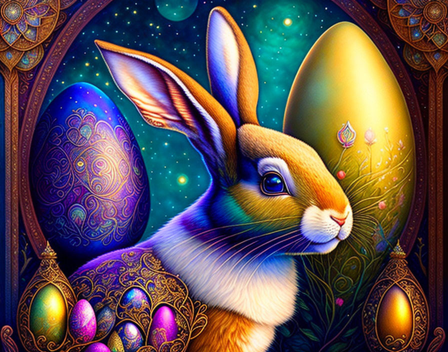 Colorful Easter rabbit illustration with celestial background and ornate details