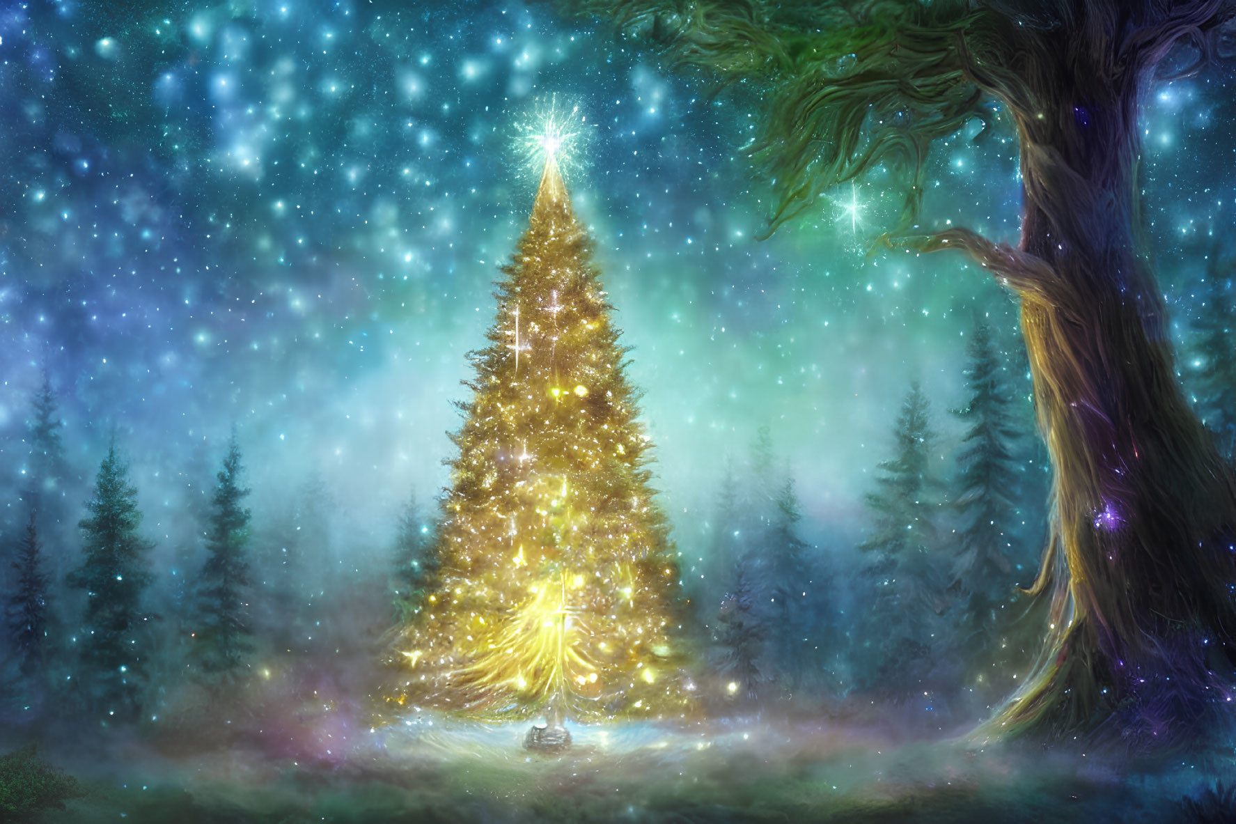 Radiant Christmas tree in magical forest under starry night sky