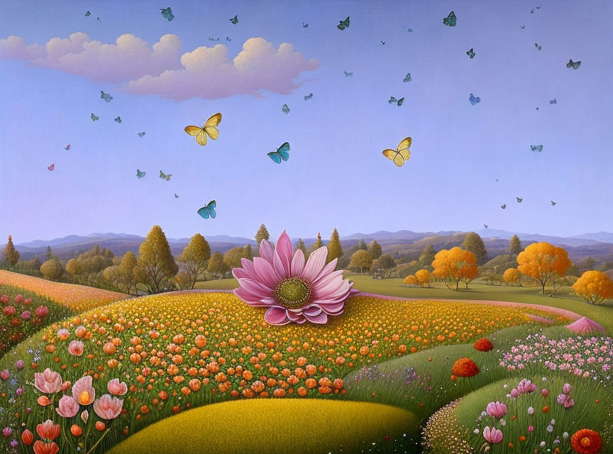 Colorful Flower Landscape with Giant Pink Bloom and Butterflies