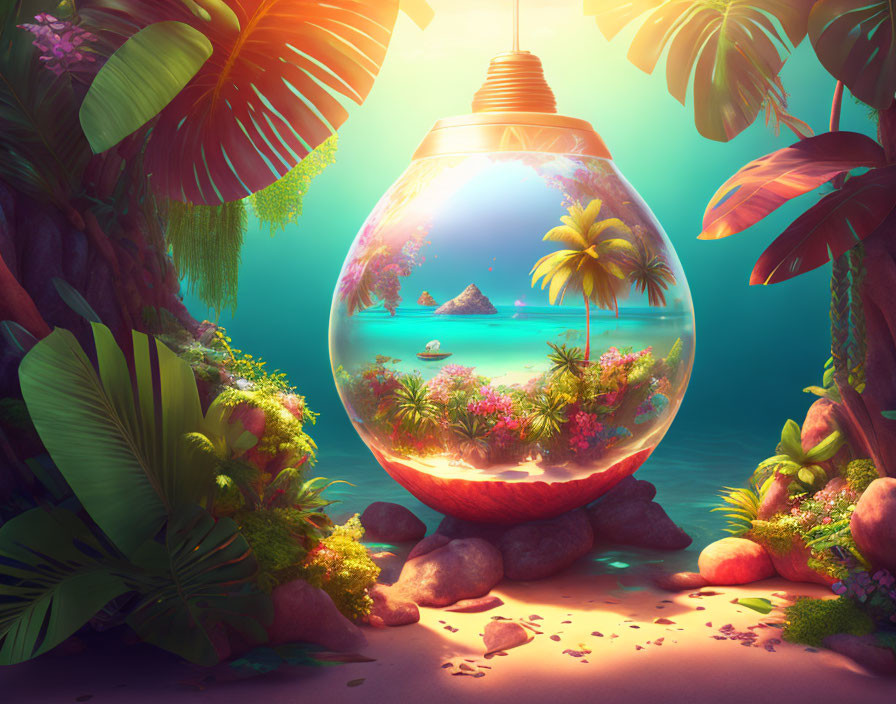 Glowing fishbowl with tropical seascape and island in lush setting