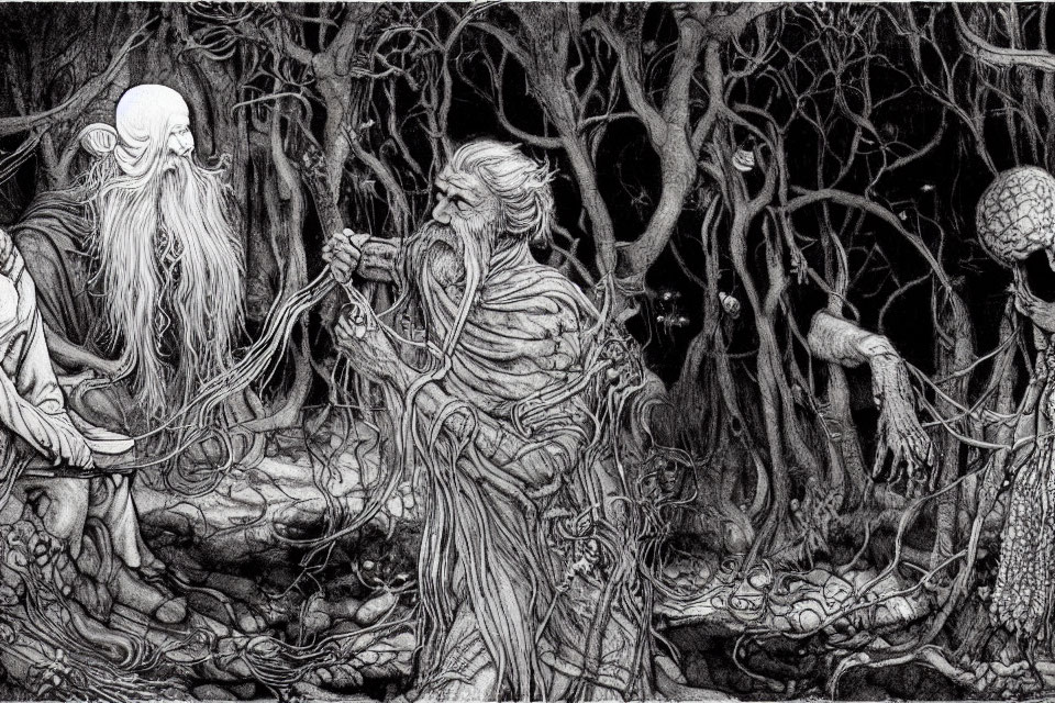 Elderly fantasy figures with glowing orb in dense forest landscape
