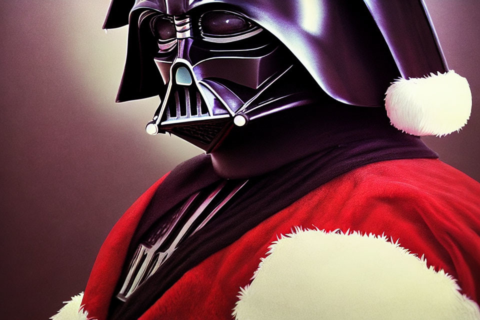 Person in Darth Vader costume with Santa hat on festive background