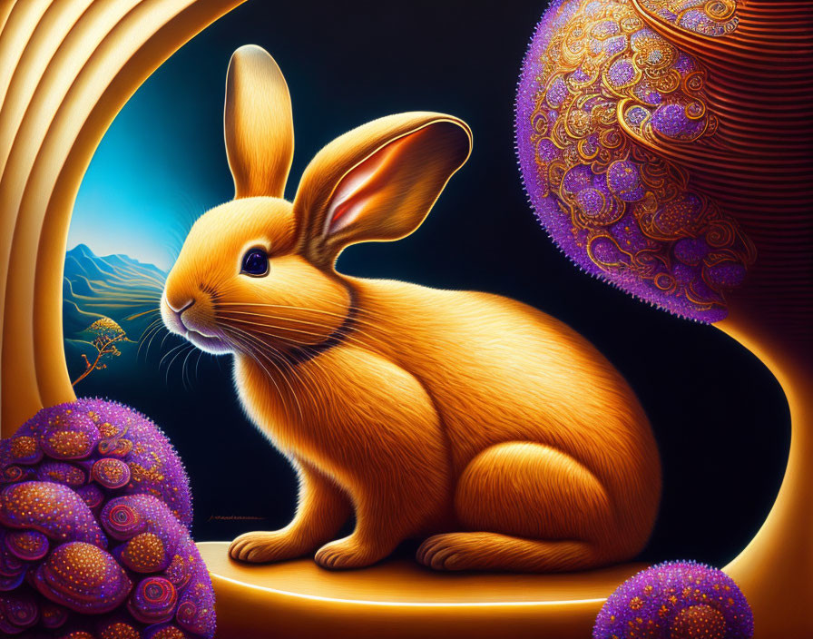 Detailed golden rabbit illustration with ornate spheres and mountain vista